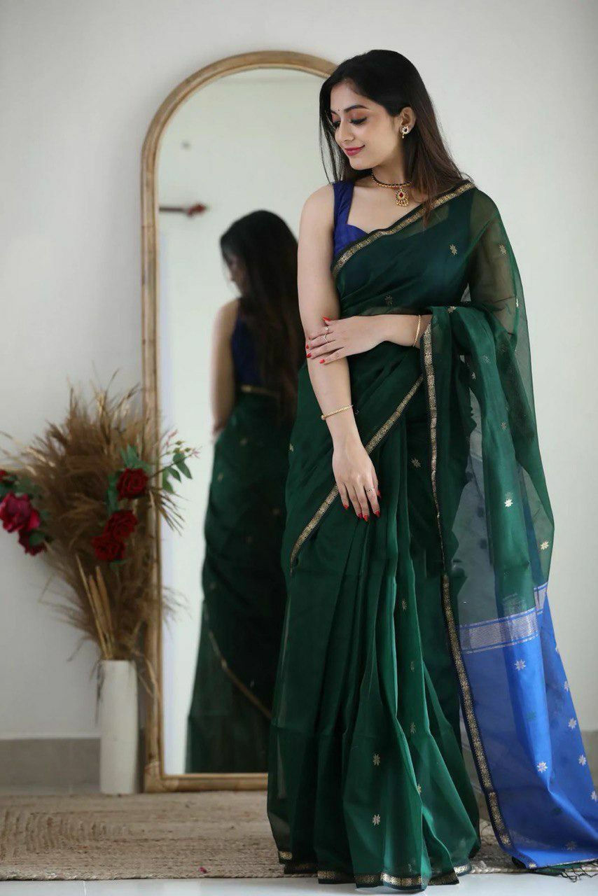 Green Lilian Slub Woven Saree with Gold Border