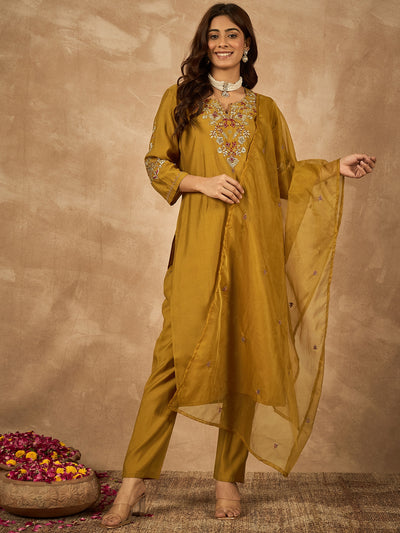 Mustard Roman Silk Hand Embroidered Kurta Set with Organza Dupatta