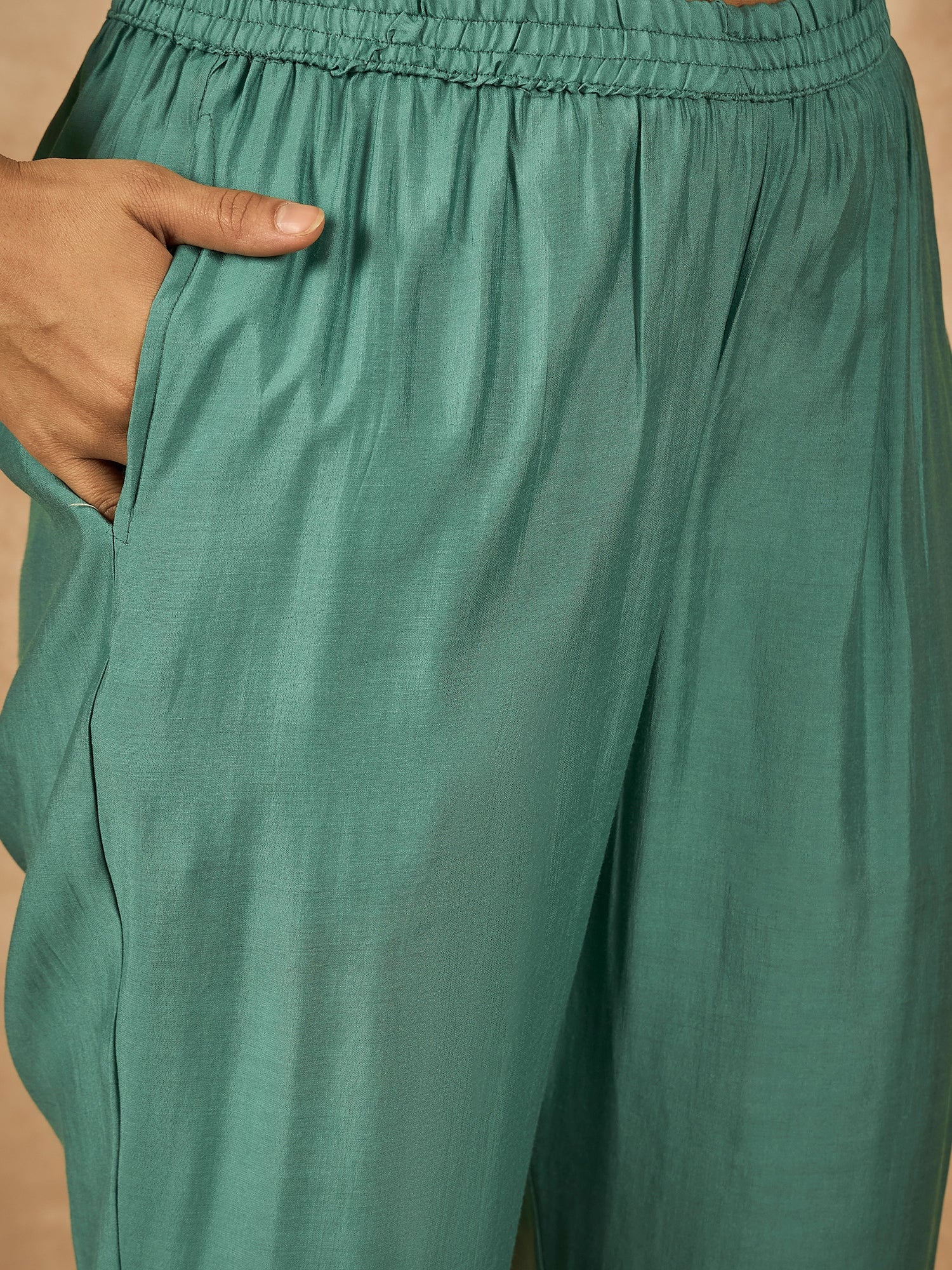 Sea Green Roman Silk Kurta Set with Hand Embroidery & Organza Dupatta