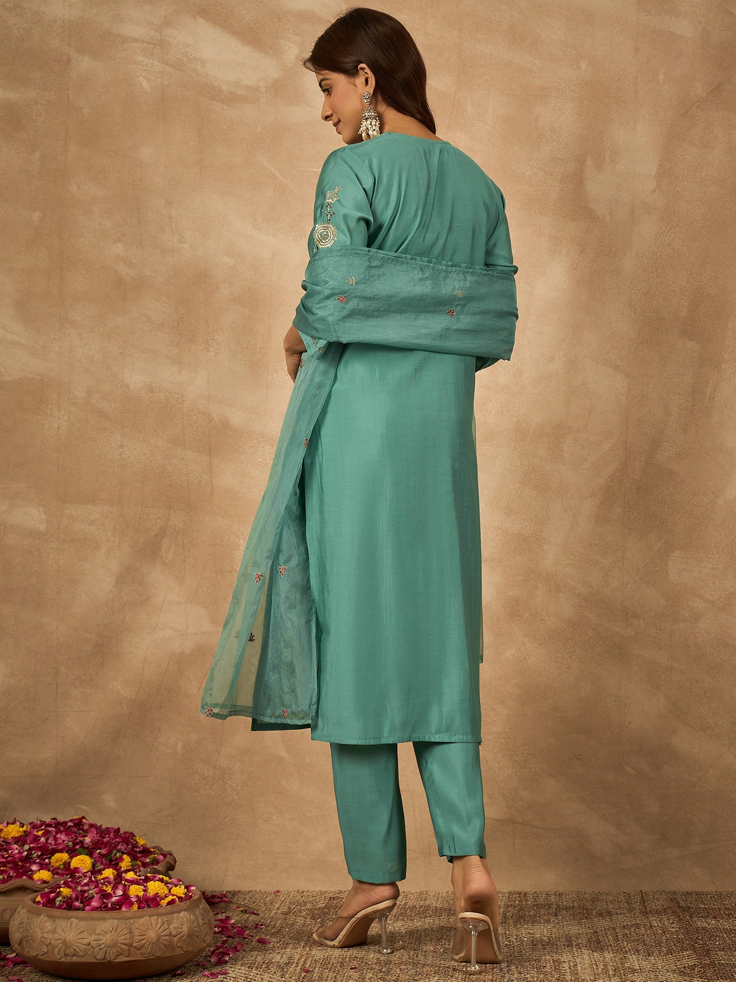 Sea Green Roman Silk Kurta Set with Hand Embroidery & Organza Dupatta