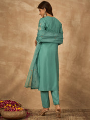 Sea Green Roman Silk Kurta Set with Hand Embroidery & Organza Dupatta