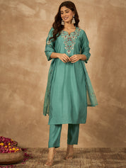 Sea Green Roman Silk Kurta Set with Hand Embroidery & Organza Dupatta