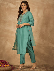Sea Green Roman Silk Kurta Set with Hand Embroidery & Organza Dupatta