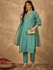 Sea Green Roman Silk Kurta Set with Hand Embroidery & Organza Dupatta