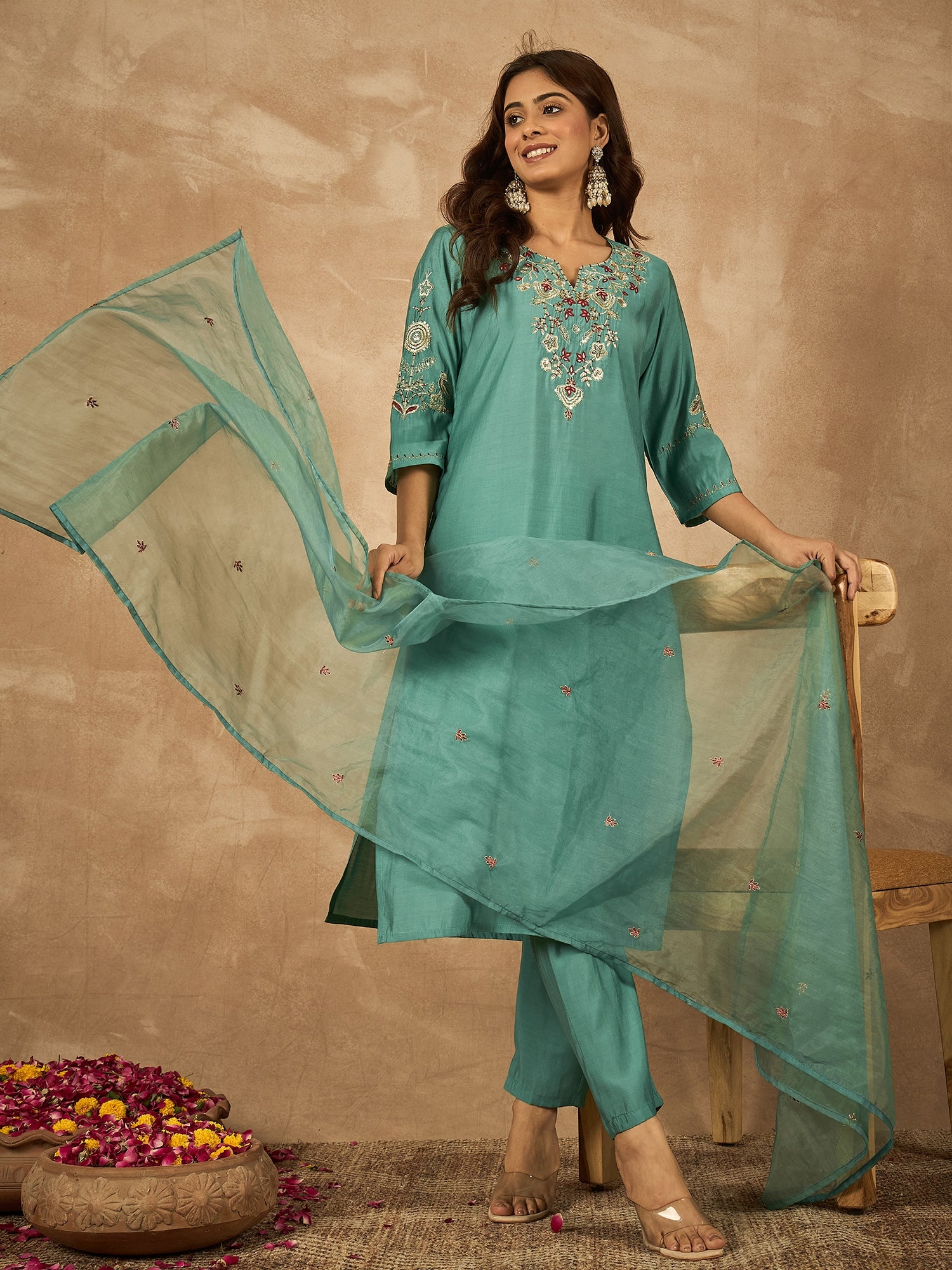 Sea Green Roman Silk Kurta Set with Hand Embroidery & Organza Dupatta