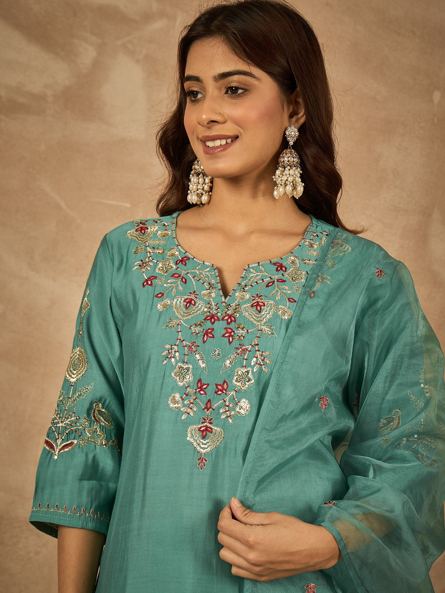 Sea Green Roman Silk Kurta Set with Hand Embroidery & Organza Dupatta