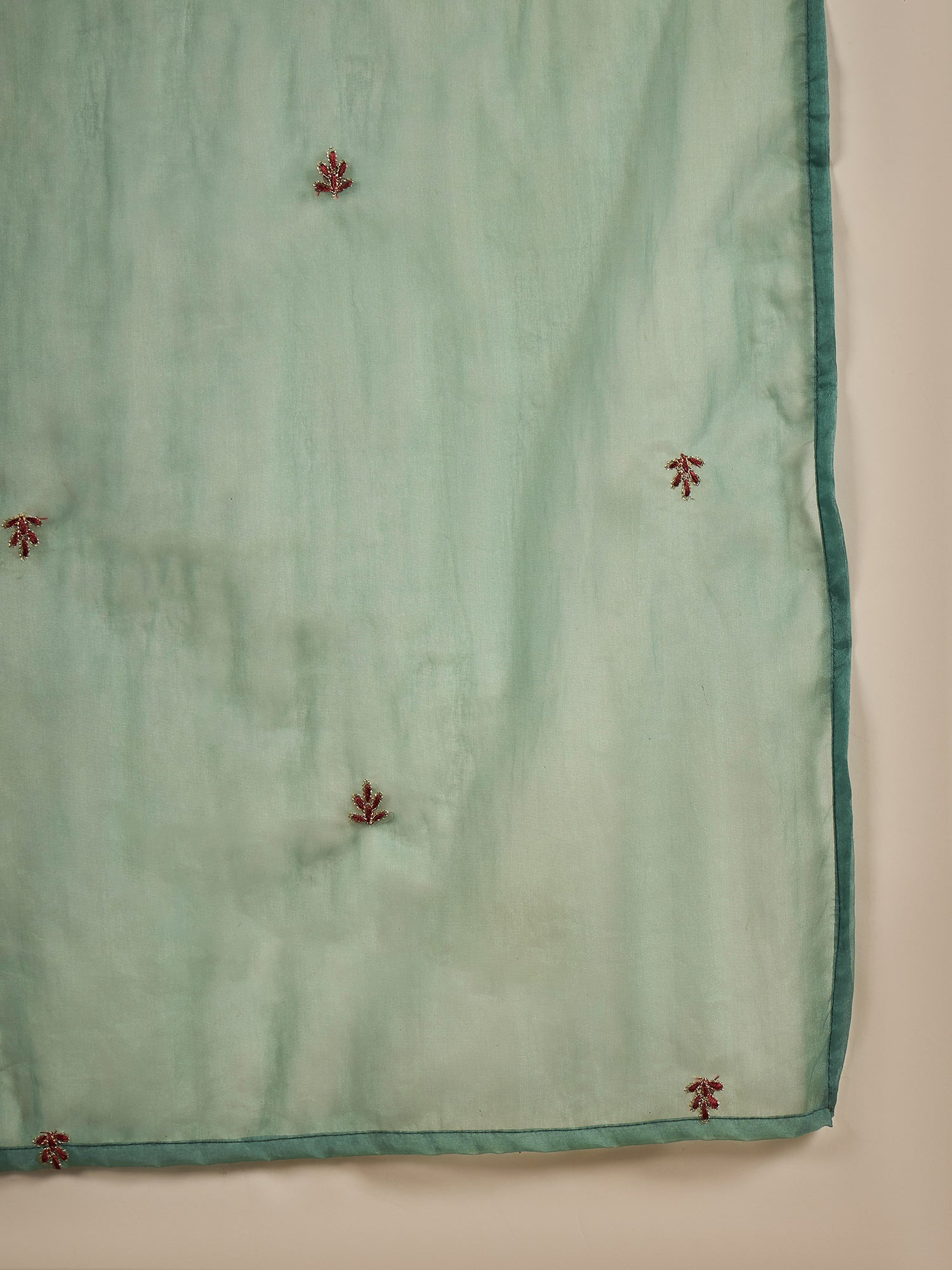 Sea Green Roman Silk Kurta Set with Hand Embroidery & Organza Dupatta