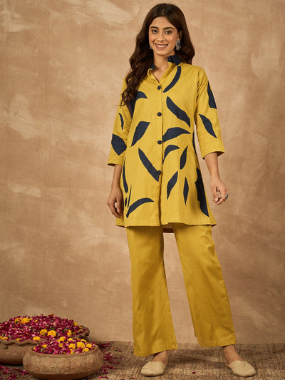 Mustard Cotton Flex Coord Set with Navy Patch Work
