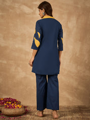 Blue Cotton Flex Coord Set with Mustard Leaf Patch Work