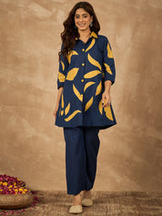 Blue Cotton Flex Coord Set with Mustard Leaf Patch Work