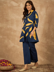 Blue Cotton Flex Coord Set with Mustard Leaf Patch Work