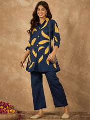Blue Cotton Flex Coord Set with Mustard Leaf Patch Work