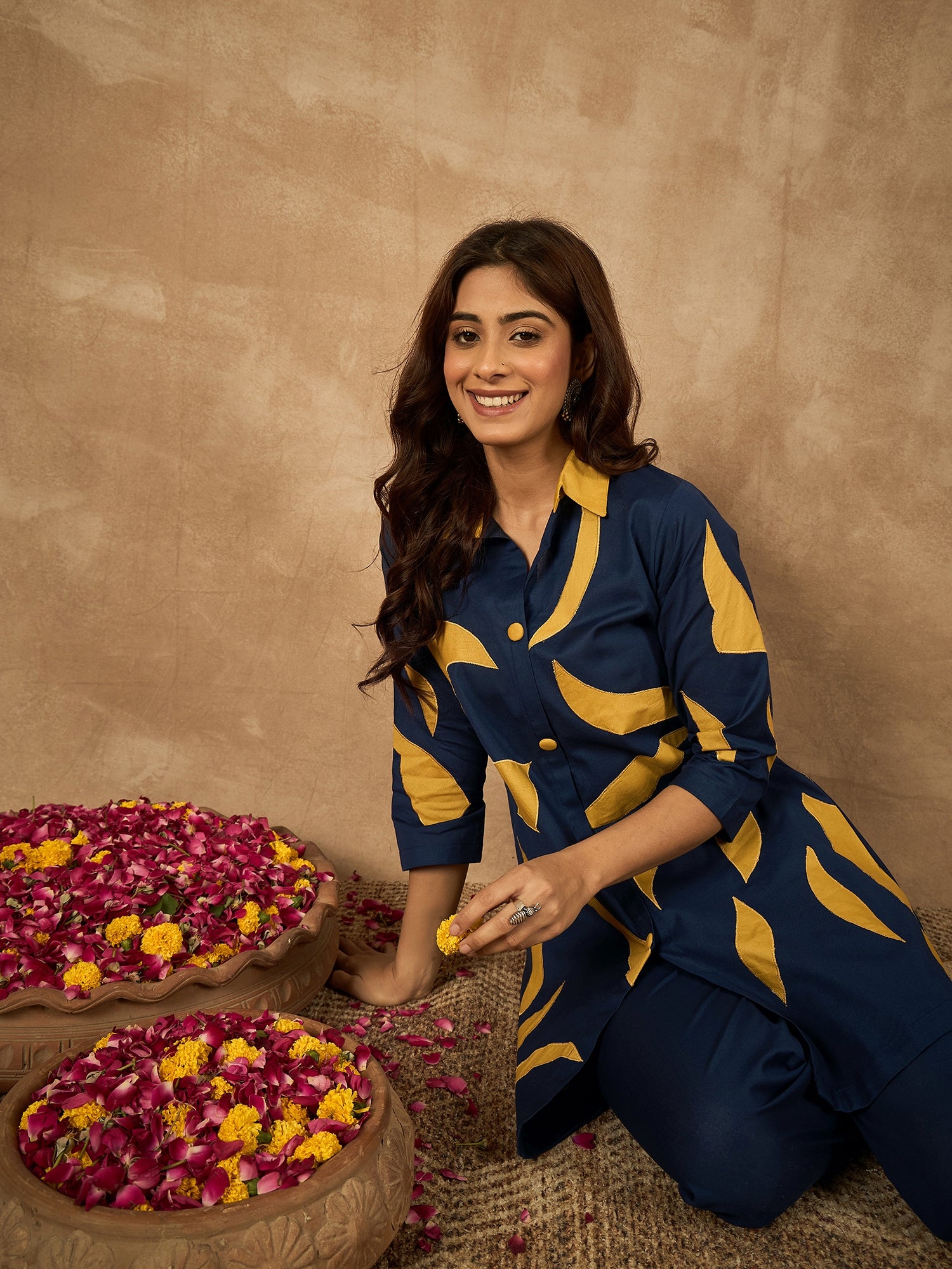 Blue Cotton Flex Coord Set with Mustard Leaf Patch Work