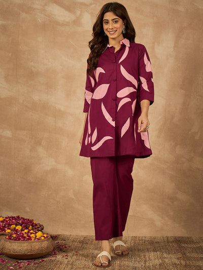 Wine Cotton Flex Coord Set with Pink Leaf Patch Work