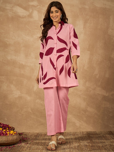 Pink Cotton Flex Coord Set with Maroon Patch Work