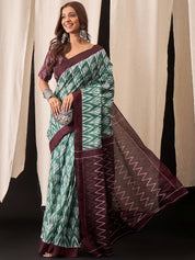 Green & Maroon Cotton Saree with Ikat-Inspired White Buta Motifs
