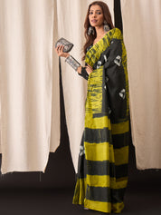 Black & Olive Green Cotton Saree with Tie-Dye and Circle Motif Accents