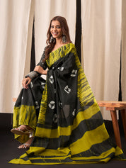 Black & Olive Green Cotton Saree with Tie-Dye and Circle Motif Accents
