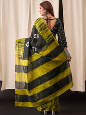 Black & Olive Green Cotton Saree with Tie-Dye and Circle Motif Accents