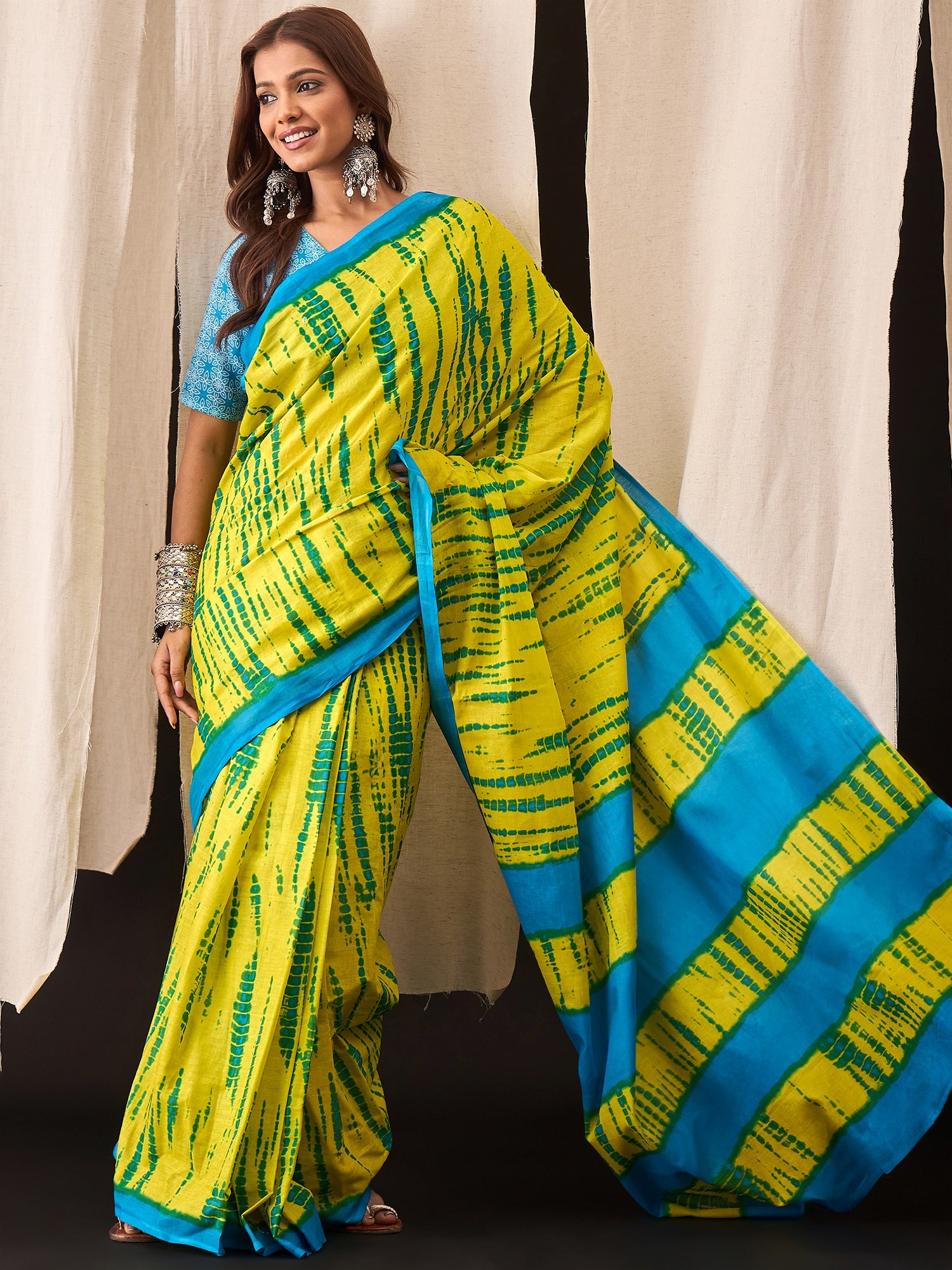 Lime Green & Sky Blue Ready-to-Wear Cotton Saree with Abstract Bandhani Print