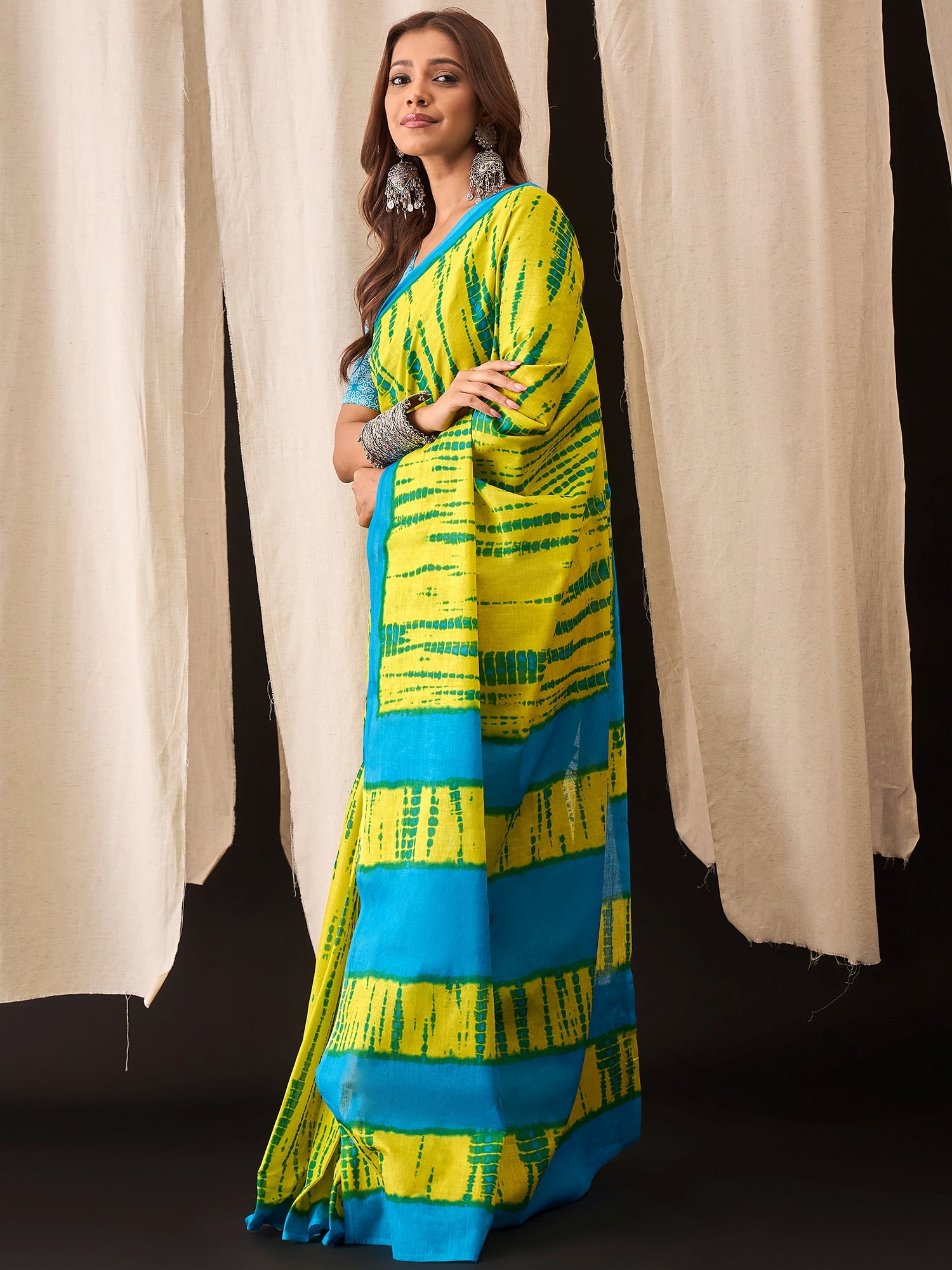 Lime Green & Sky Blue Ready-to-Wear Cotton Saree with Abstract Bandhani Print