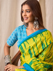 Lime Green & Sky Blue Ready-to-Wear Cotton Saree with Abstract Bandhani Print