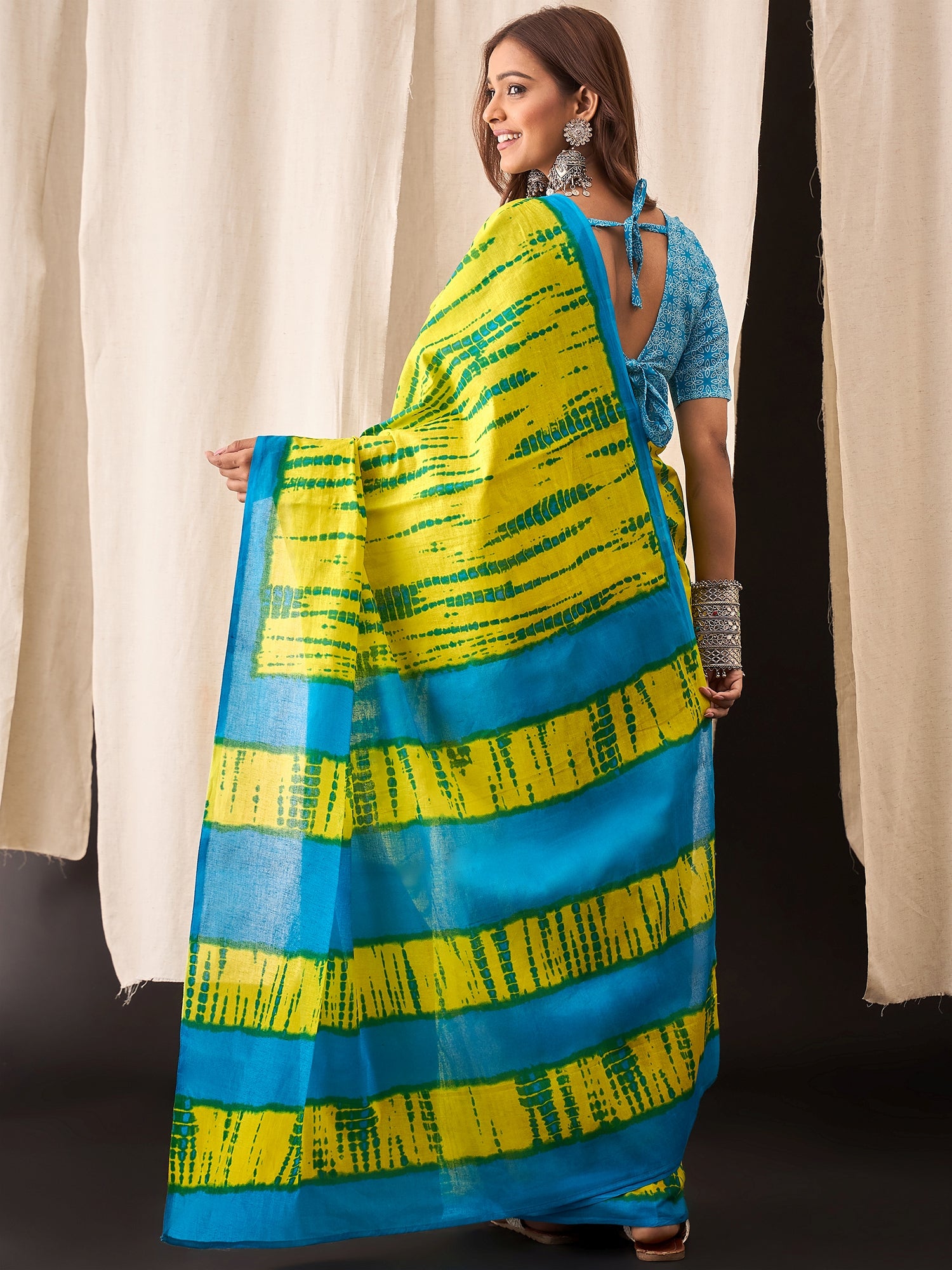 Lime Green & Sky Blue Ready-to-Wear Cotton Saree with Abstract Bandhani Print
