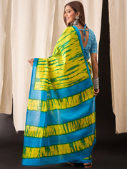 Lime Green & Sky Blue Ready-to-Wear Cotton Saree with Abstract Bandhani Print