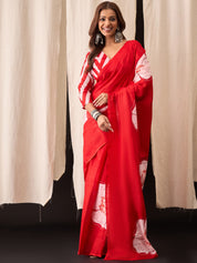 Festive Red Saree with Modern Floral Design & Striped Blouse