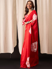 Festive Red Saree with Modern Floral Design & Striped Blouse