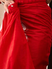 Festive Red Saree with Modern Floral Design & Striped Blouse