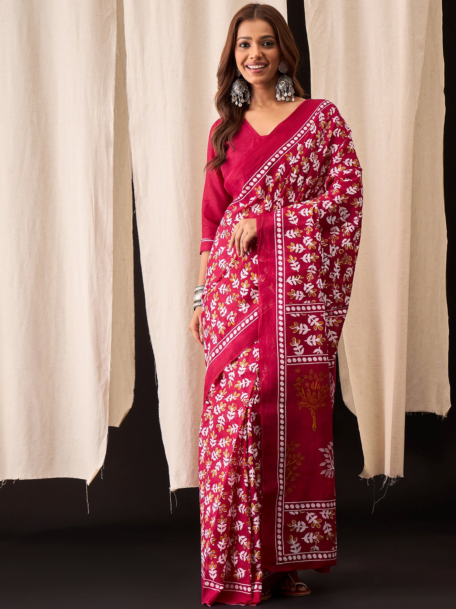 Crimson Pink Cotton Saree with Handblock Leaf Print & Border Accents