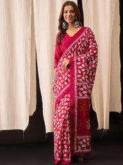 Crimson Pink Cotton Saree with Handblock Leaf Print & Border Accents