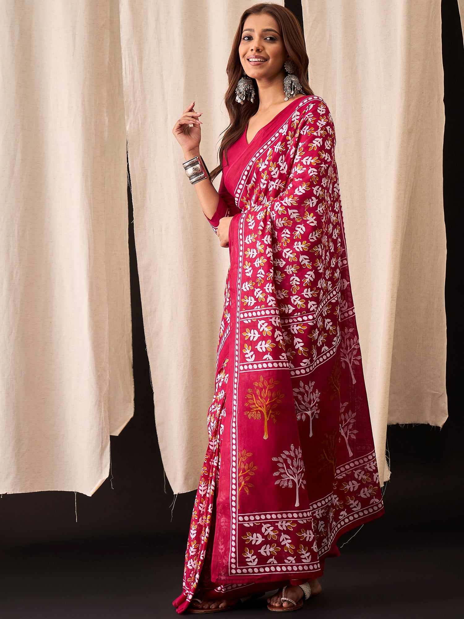 Crimson Pink Cotton Saree with Handblock Leaf Print & Border Accents