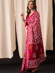 Crimson Pink Cotton Saree with Handblock Leaf Print & Border Accents
