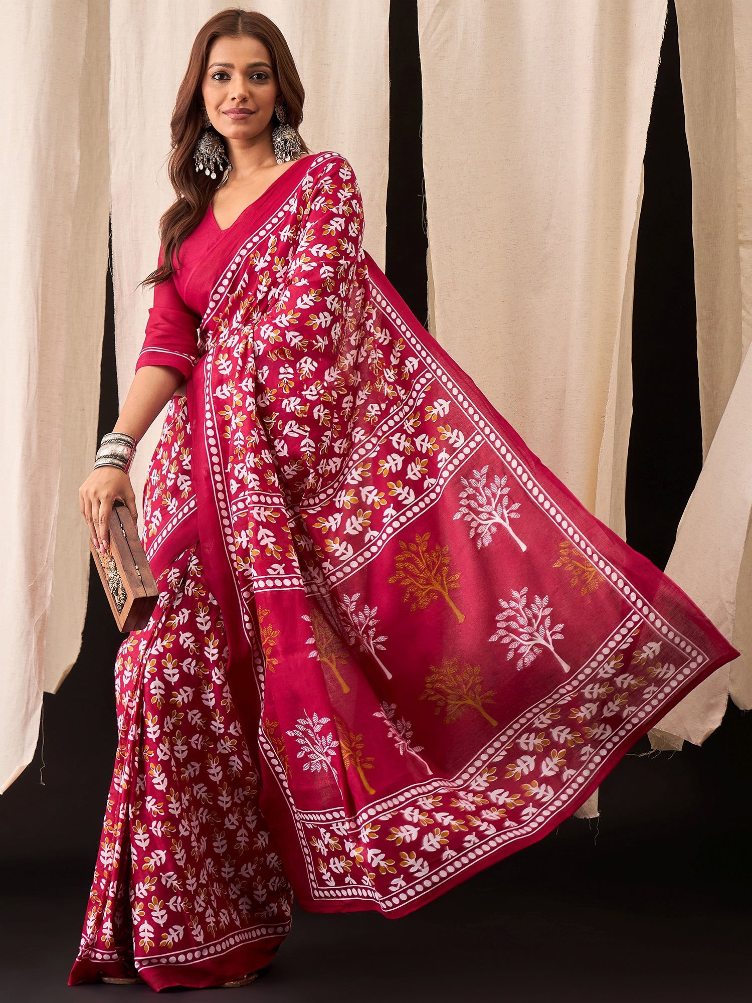 Crimson Pink Cotton Saree with Handblock Leaf Print & Border Accents