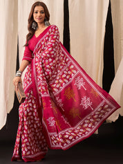 Crimson Pink Cotton Saree with Handblock Leaf Print & Border Accents