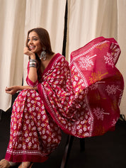 Crimson Pink Cotton Saree with Handblock Leaf Print & Border Accents