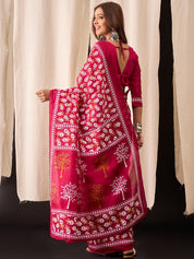 Crimson Pink Cotton Saree with Handblock Leaf Print & Border Accents