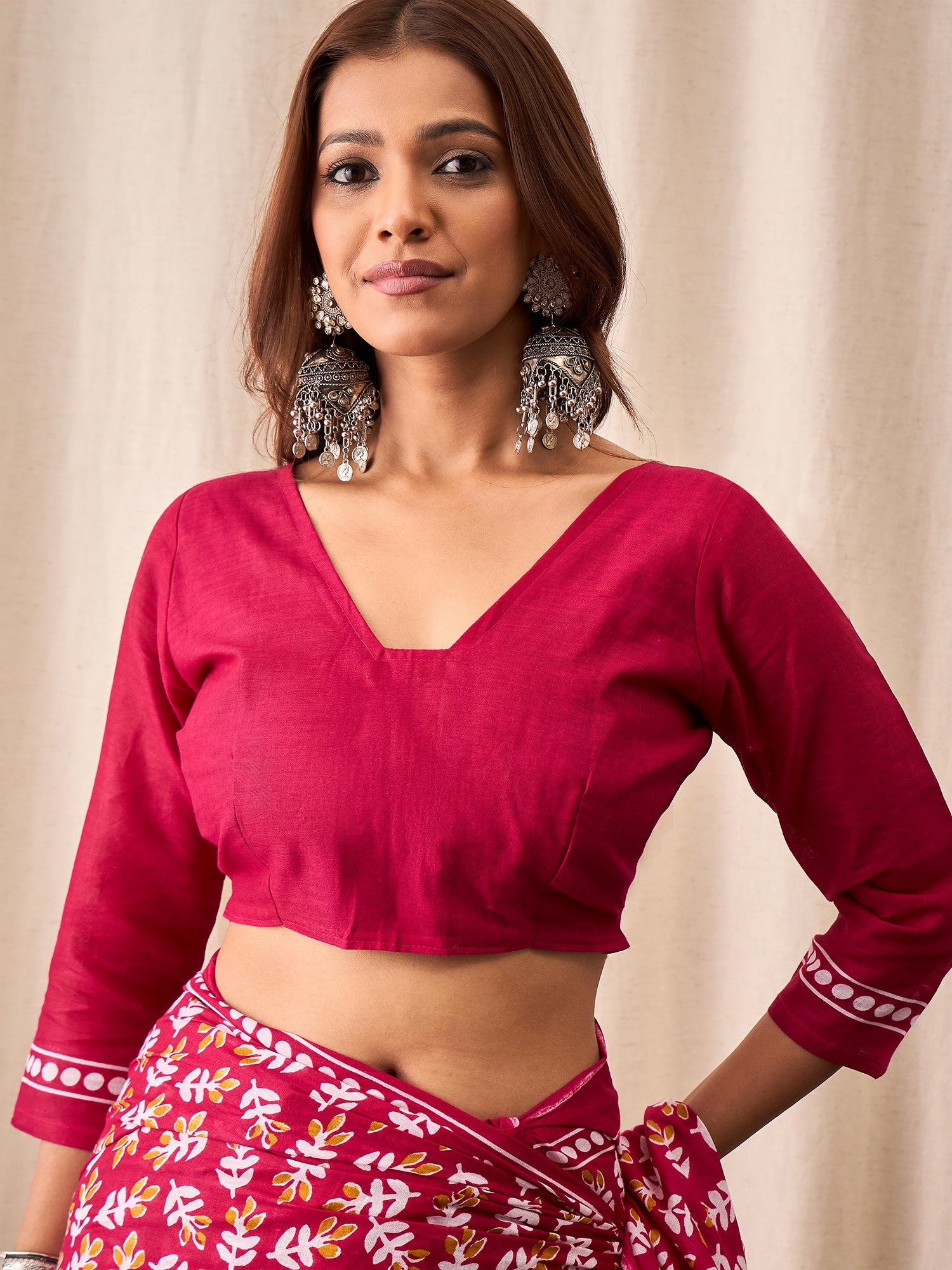 Crimson Pink Cotton Saree with Handblock Leaf Print & Border Accents