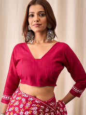 Crimson Pink Cotton Saree with Handblock Leaf Print & Border Accents