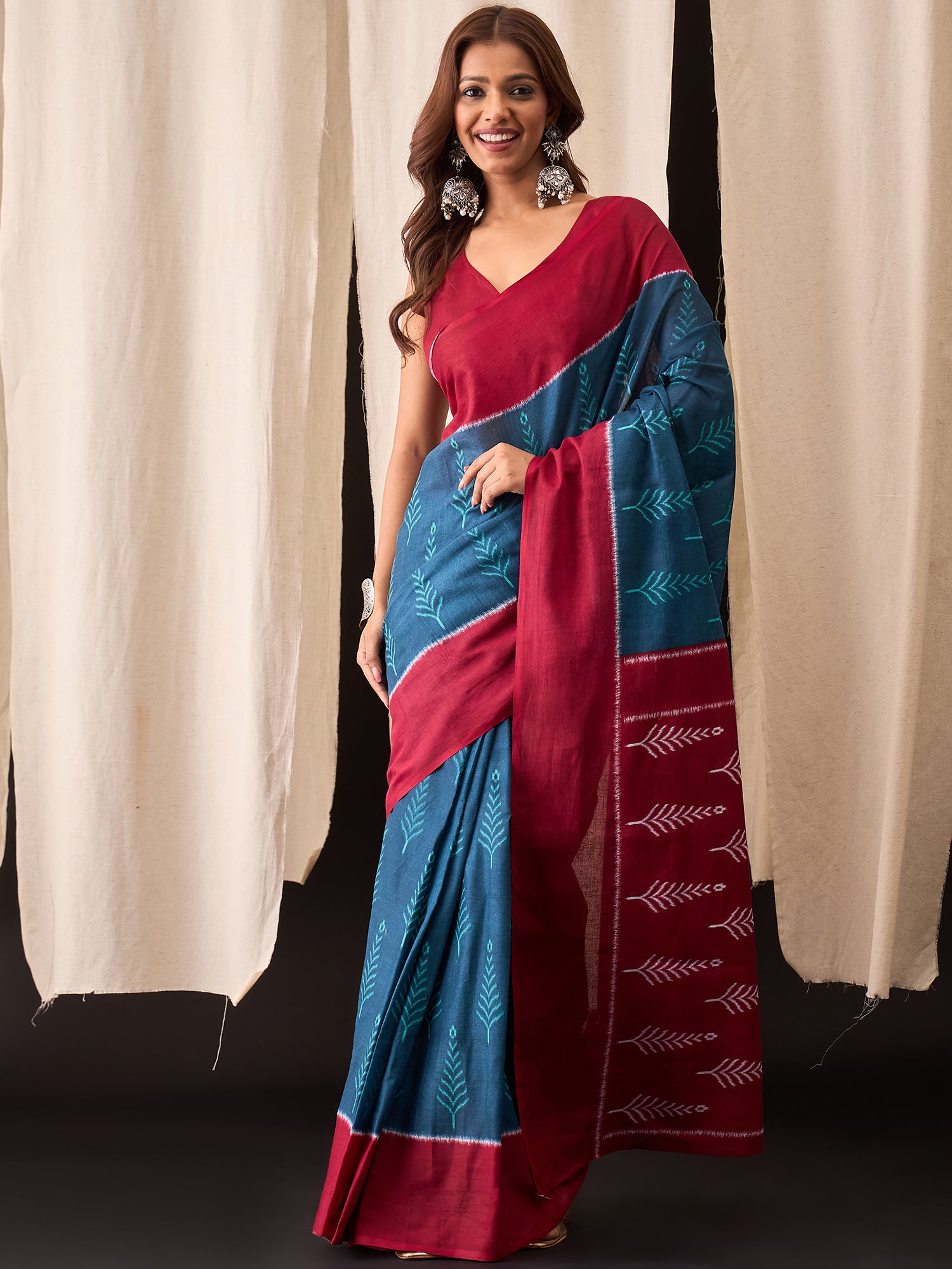 Teal Blue & Maroon Ready-to-Wear Handcrafted Ikat Print Cotton Saree