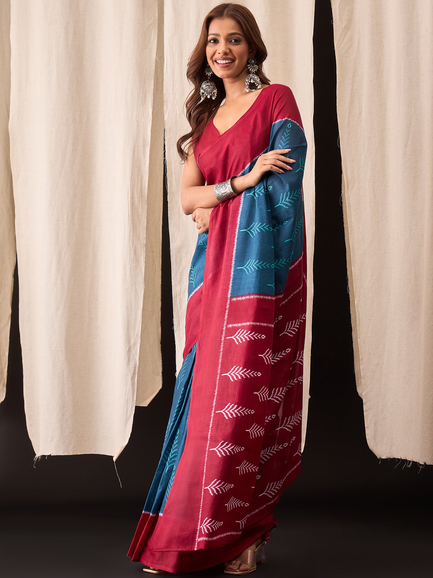 Teal Blue & Maroon Ready-to-Wear Handcrafted Ikat Print Cotton Saree