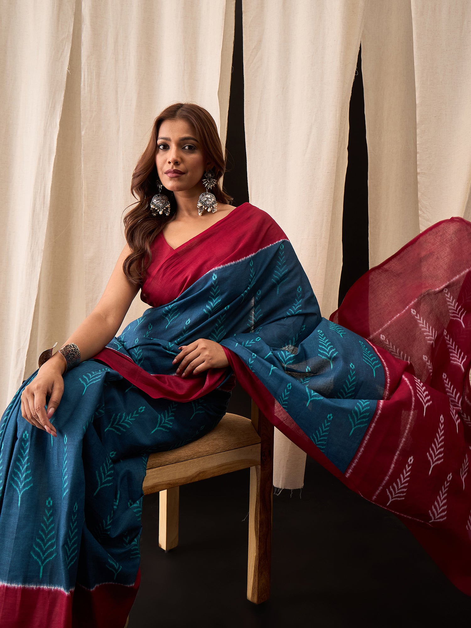 Teal Blue & Maroon Ready-to-Wear Handcrafted Ikat Print Cotton Saree