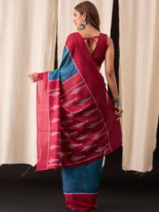 Teal Blue & Maroon Ready-to-Wear Handcrafted Ikat Print Cotton Saree