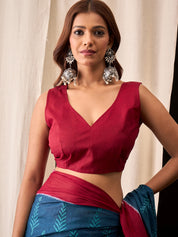 Teal Blue & Maroon Ready-to-Wear Handcrafted Ikat Print Cotton Saree