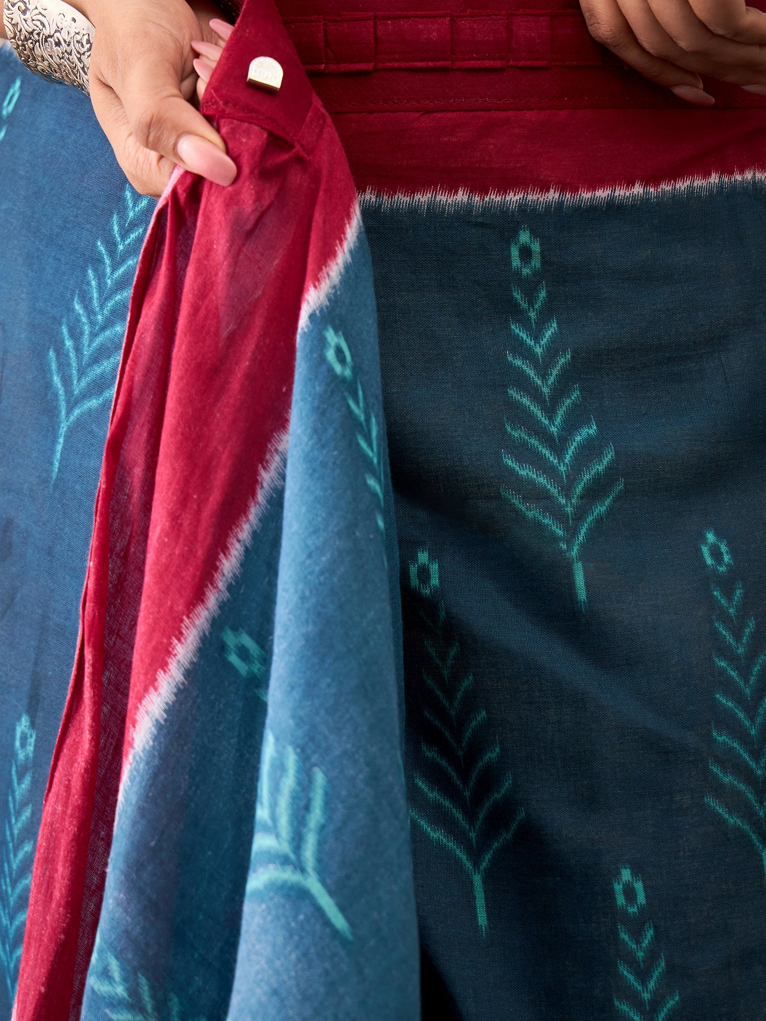 Teal Blue & Maroon Ready-to-Wear Handcrafted Ikat Print Cotton Saree
