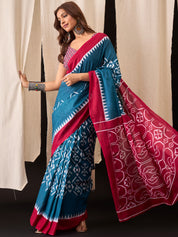 Teal Blue & Maroon Dual-Tone Cotton Saree with Geometric Ikat Pattern