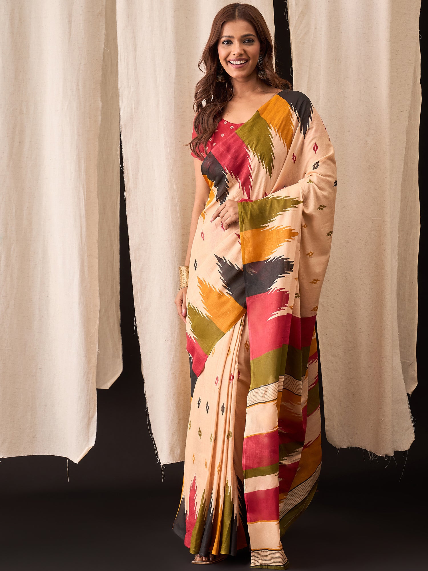 Beige Multicolor Cotton Ikat Saree with Brushstroke Pallu Design
