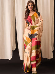 Beige Multicolor Cotton Ikat Saree with Brushstroke Pallu Design